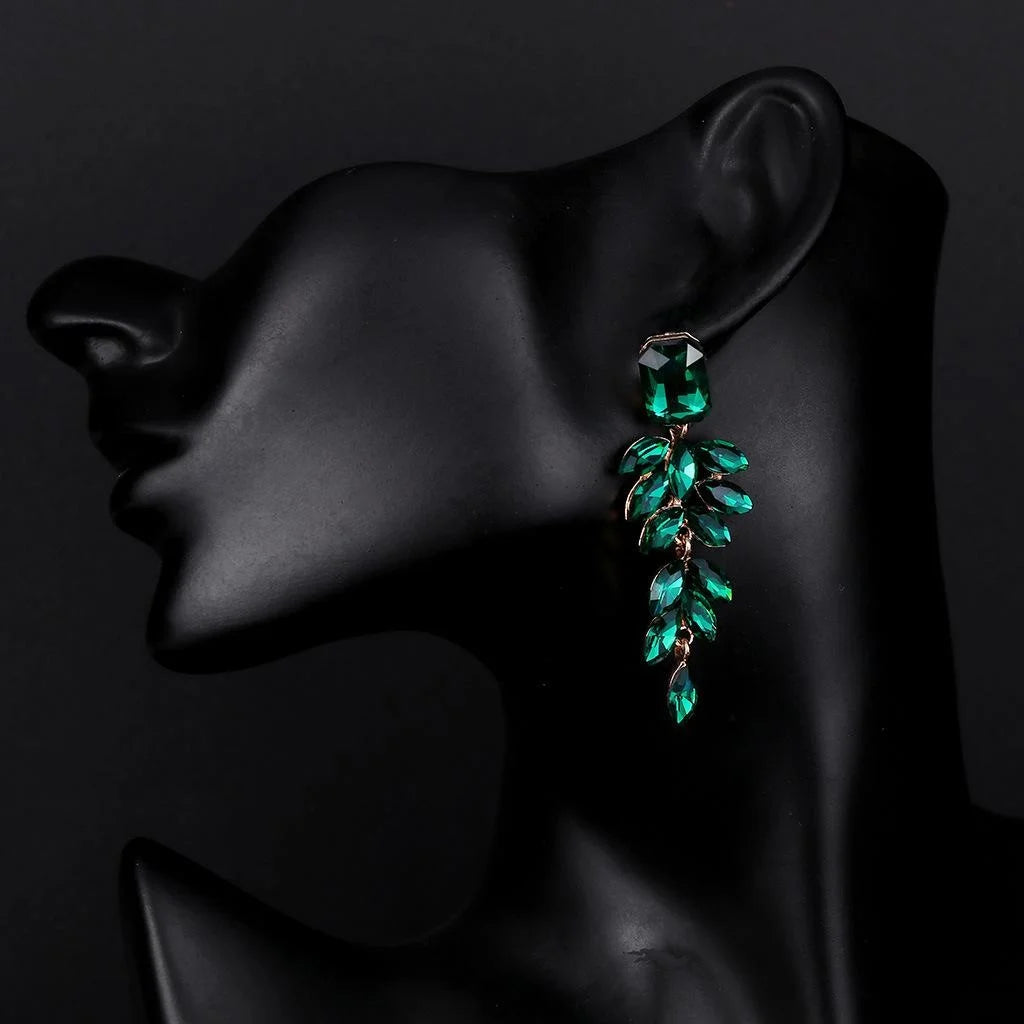Elegant Champagne Crystal Leaf Tassel Drop Earrings, Luxury Rhinestone Dangle Jewelry For Wedding Party
