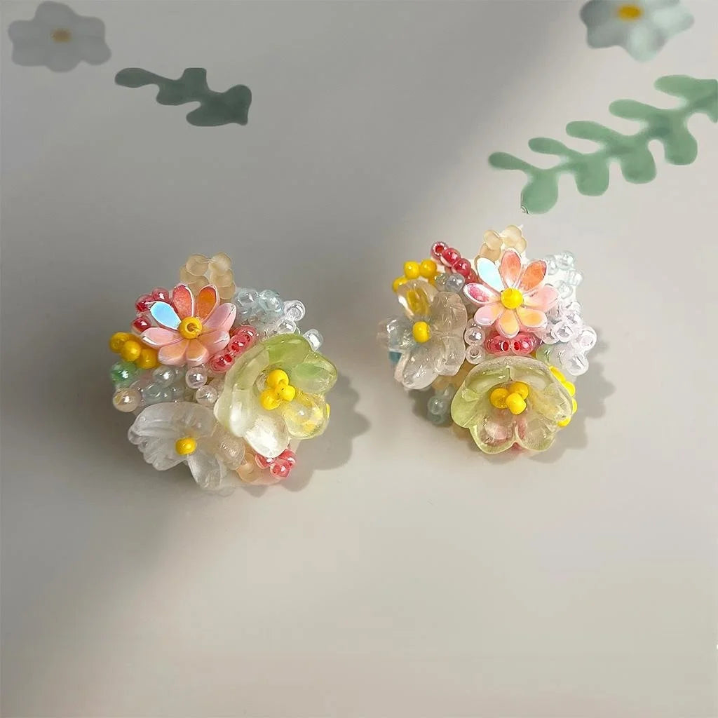 Romantic Colorful Resin Beaded Hydrangea Flower Stud Earrings Sweet Cute Dopamine Style