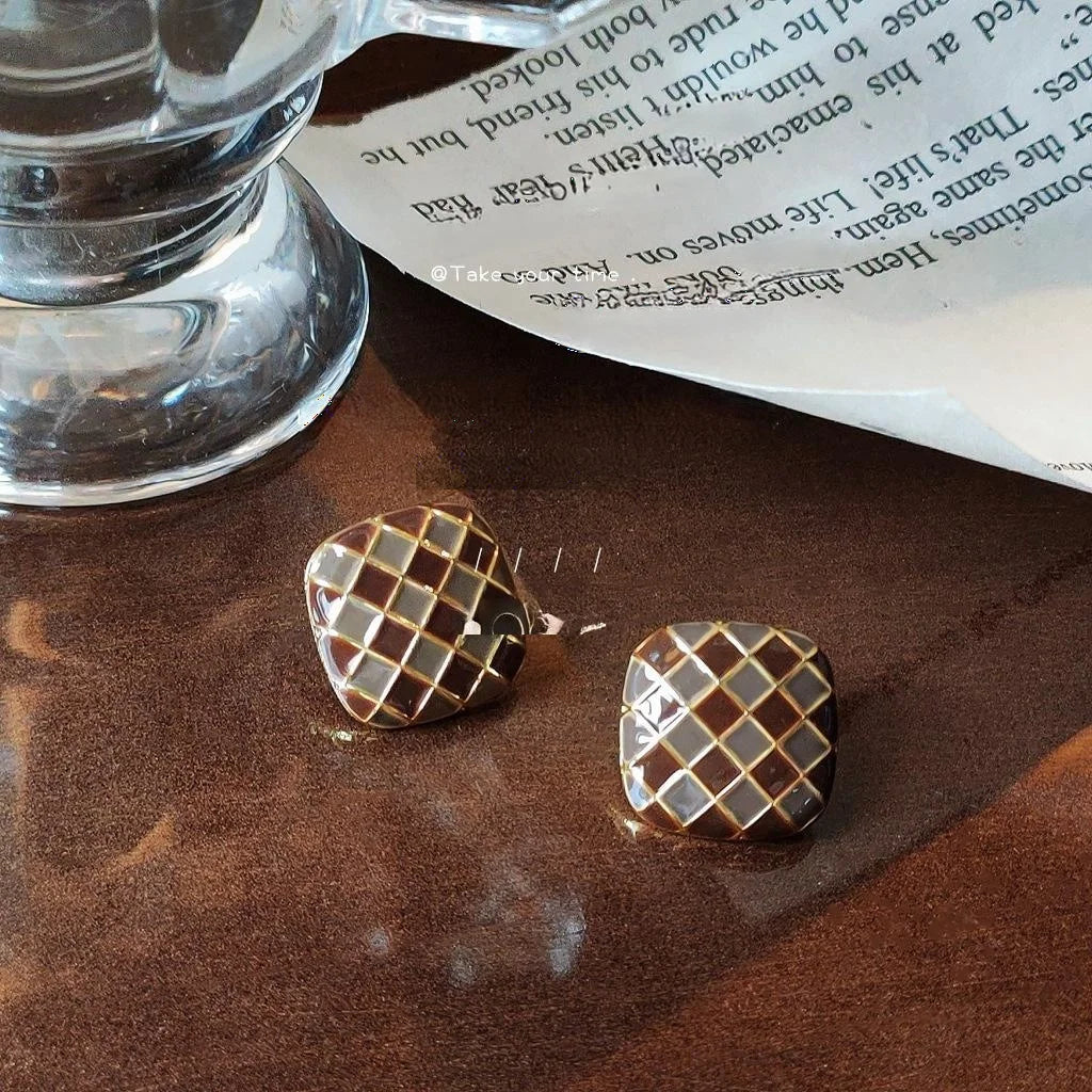 Maillard Colorblock Plaid Geometric Copper Stud Earrings French Retro Square Enamel Style
