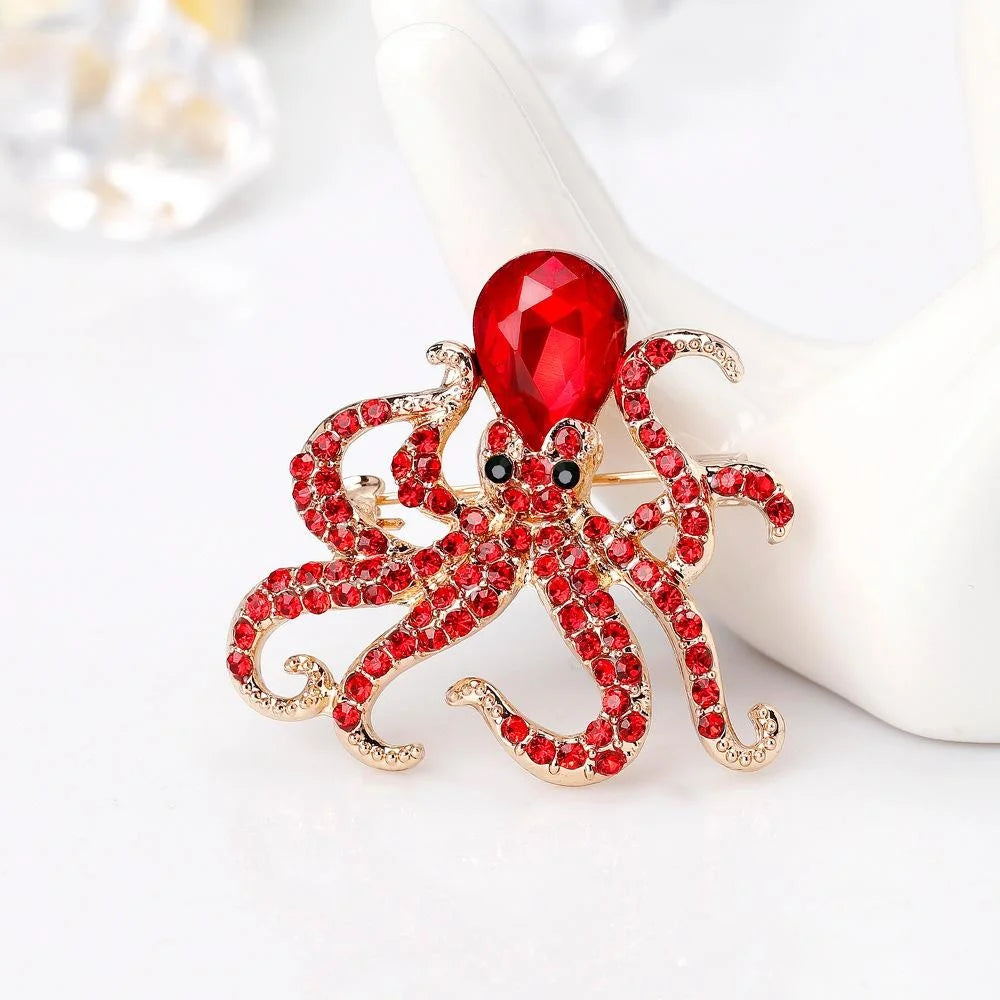 Luxury Emerald Rhinestone Octopus Brooch, Gold Tone Alloy Ocean Animal Lapel Pin Corsage Suit Accessory Gift
