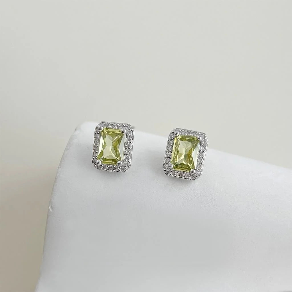 Olive Green Square Geometric Micro Pave Zircon Copper Stud Earrings For Women, Premium Minimalist Style