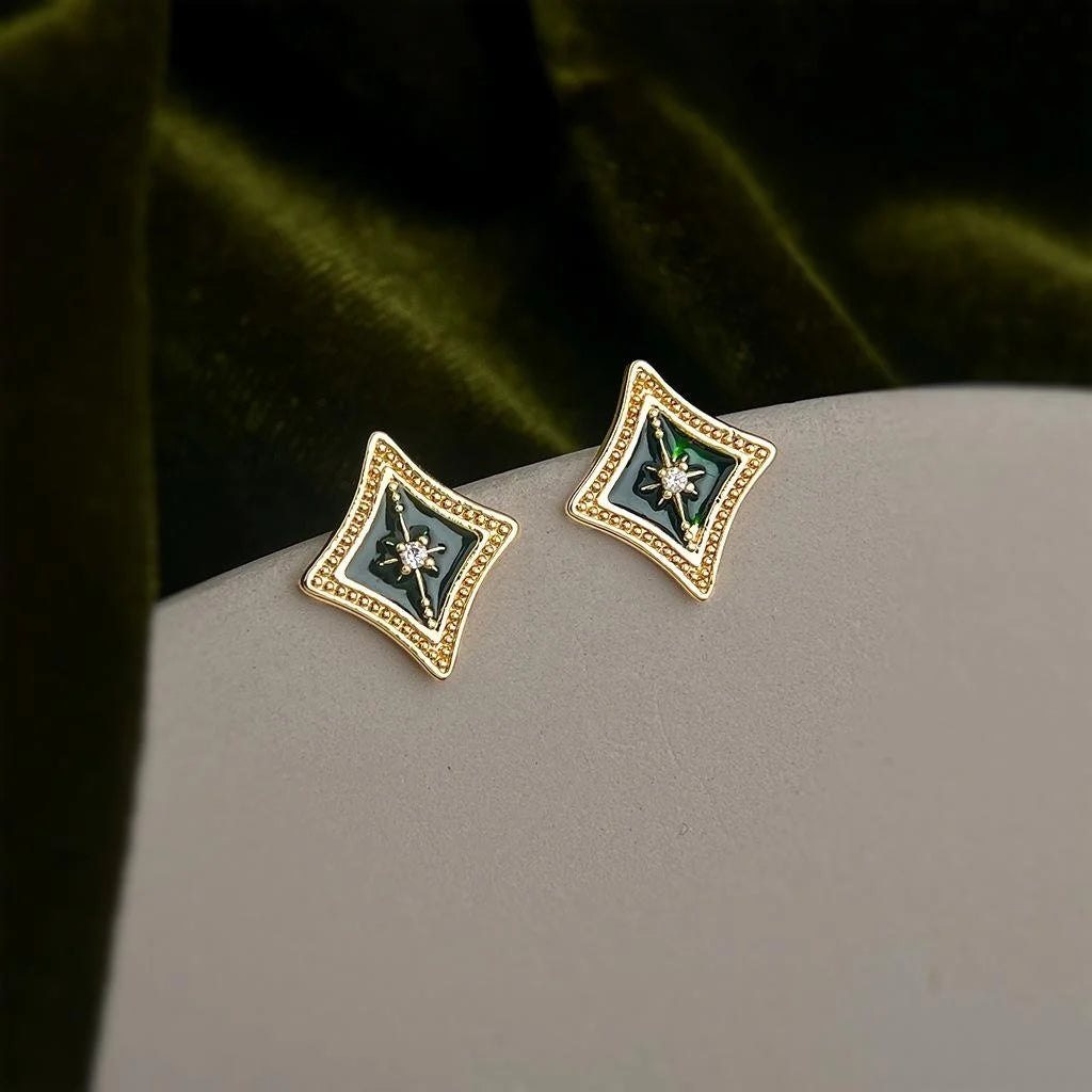 Old Money Style 14K Plated Copper Star Geometric Micro Pave Zircon Stud Earrings