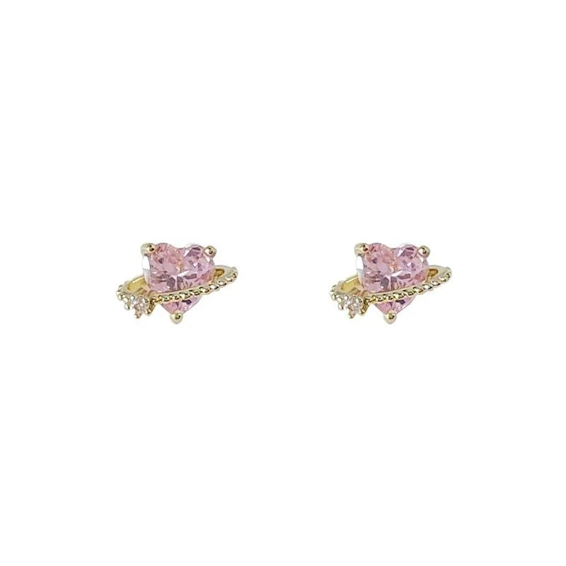 14K Plated Copper Heart Stud Earrings With Micro Pave Zircon, Sweet Minimalist Jewelry