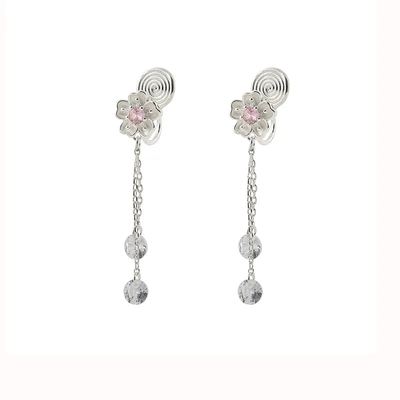 Elegant Pink Zircon Sakura Flower Long Tassel Alloy Stud & Clip On No Piercing Dangle Earrings
