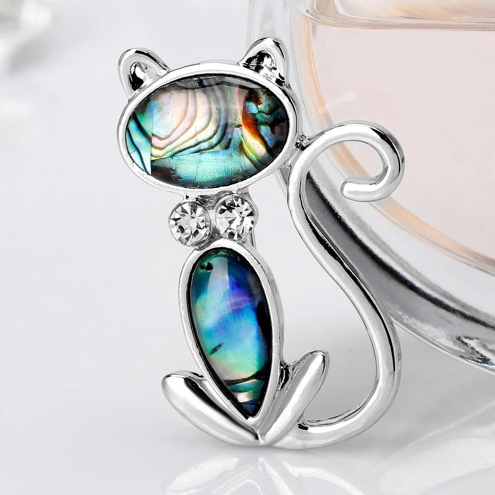 Cute Mother Of Pearl Cat Brooch With Rhinestone Eyes, Elegant Women's Lapel Pin Corsage Suit Accessory Gift
