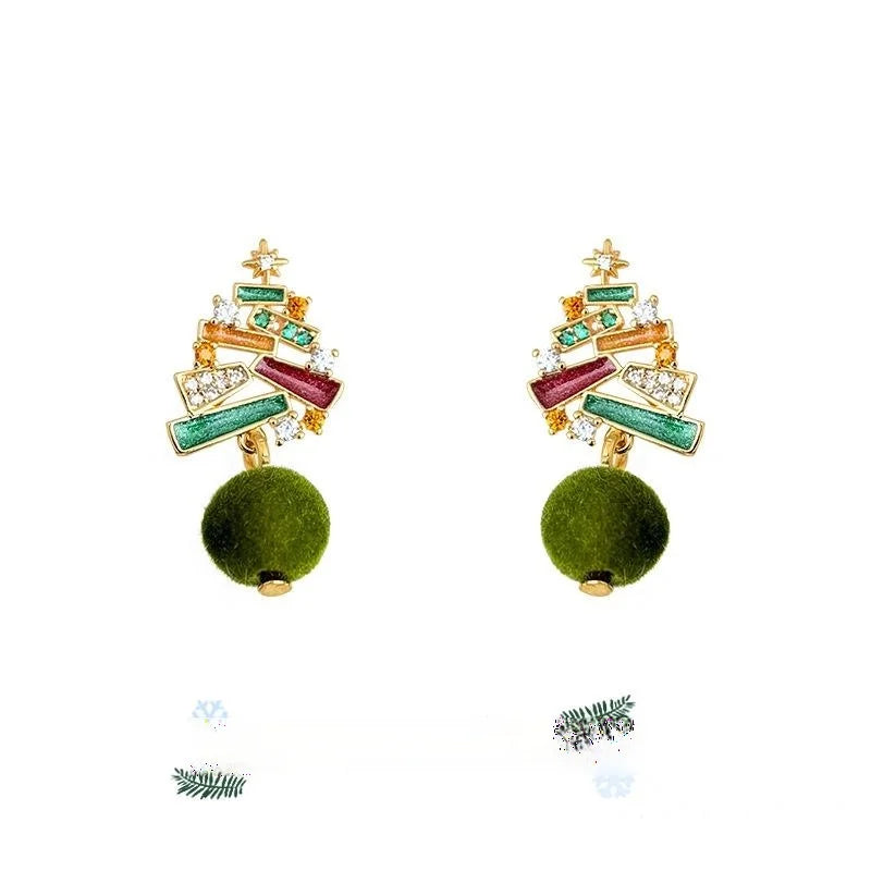 Christmas Tree Drop Earrings Micro Pave Zircon Hand Painted Enamel Flocked Pom Pom