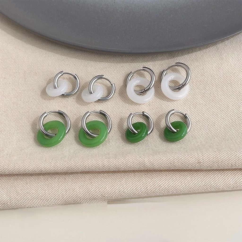 New Chinese Style Handmade Jade Color Glass Peace Buckle Stud Earrings Convertible Ethnic Geometric Ear Cuffs