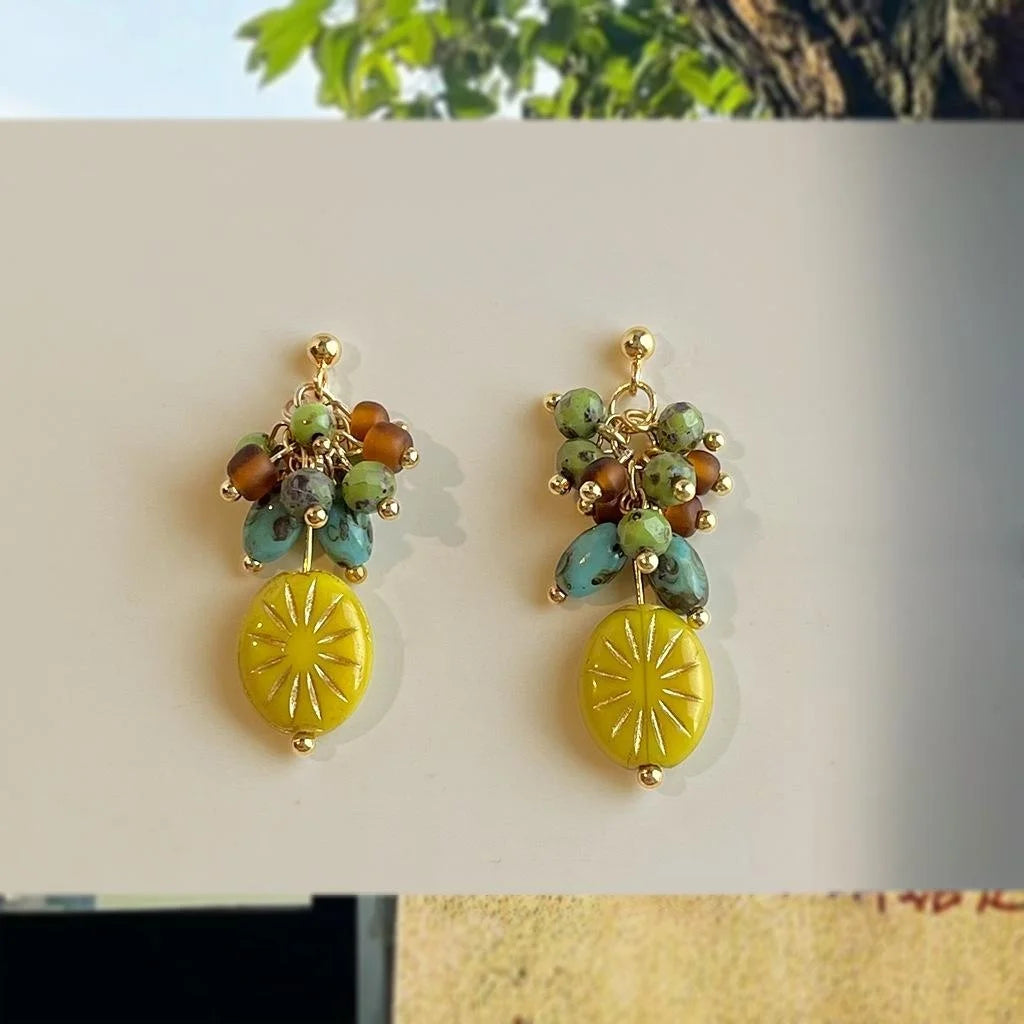 Copper Czech Glass Crystal Floral Geometric Tassel Drop Earrings Resort Style