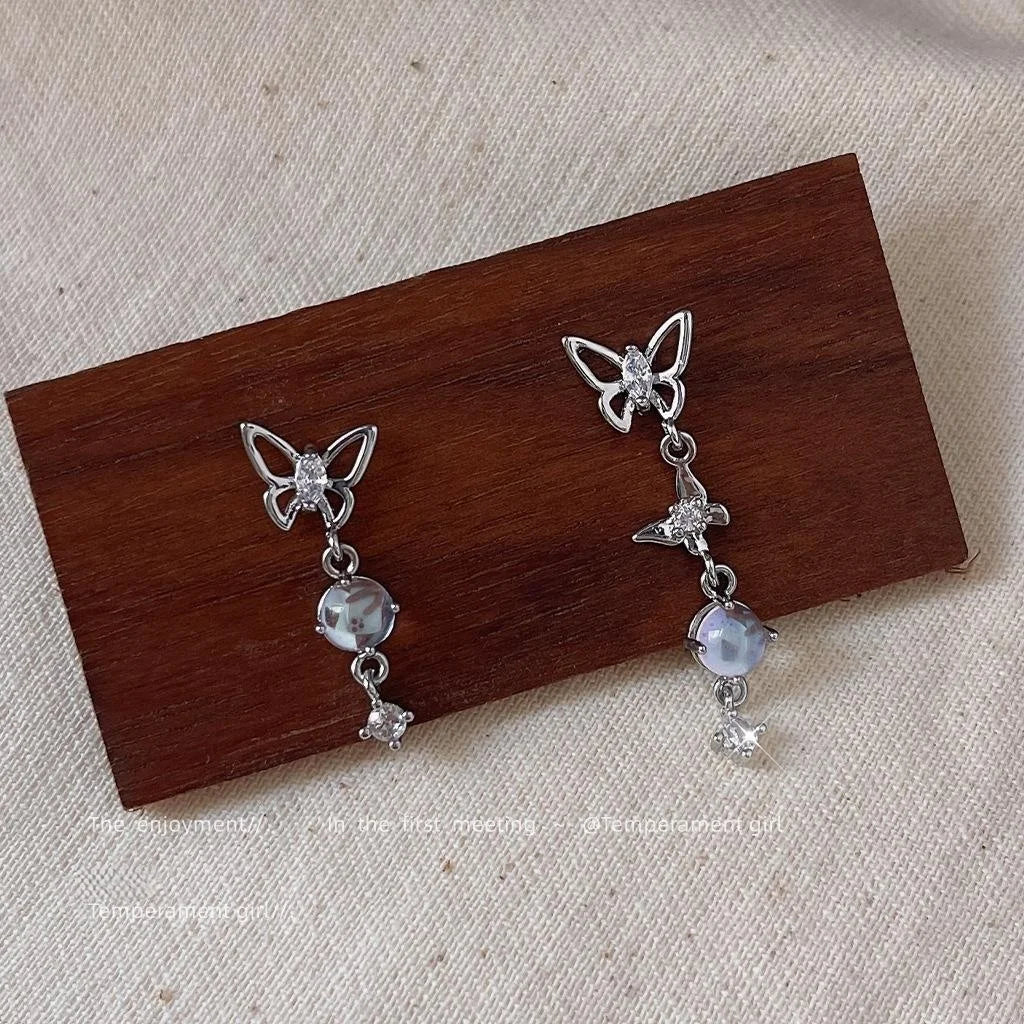 Micro Pave Zircon Butterfly Stud Earrings Asymmetric Sweet Cool Silver Plated Pin Jewelry