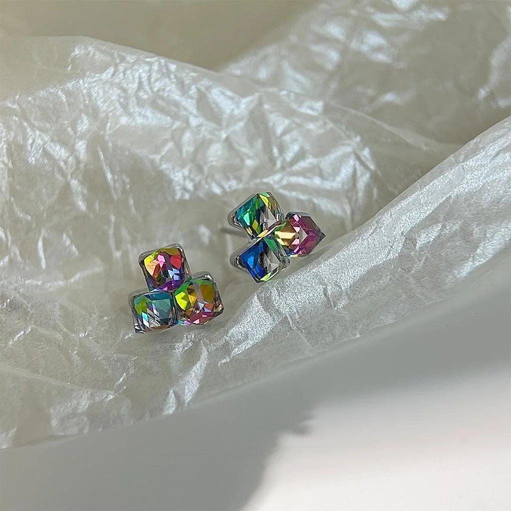 Iridescent Glass Crystal Cube Stud Earrings Geometric Light Luxury Unique Jewelry