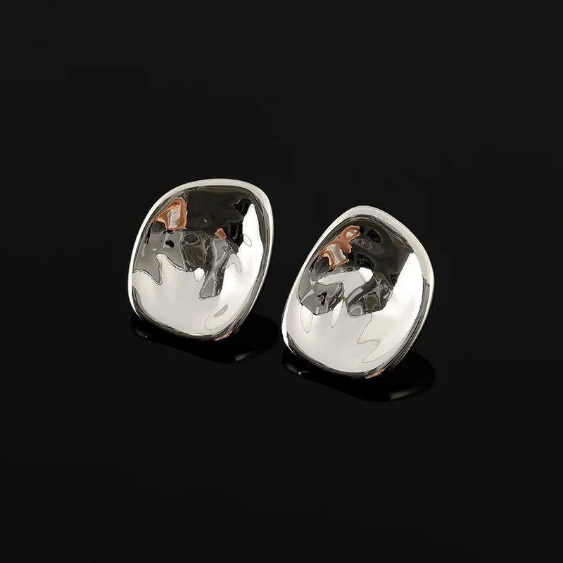 Luxury Hammered Silver Tone Irregular Concave Alloy Geometric Stud & Clip On No Piercing Earrings
