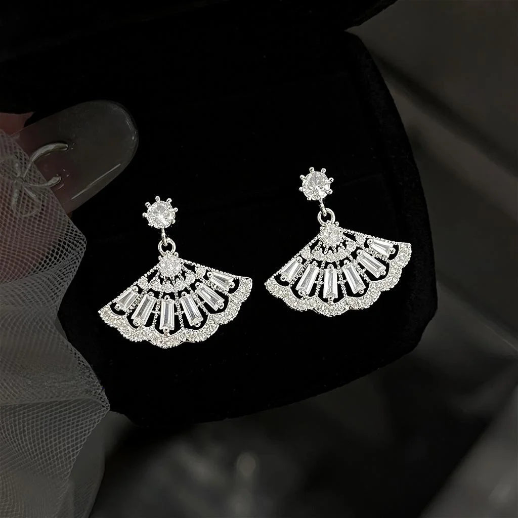 Light Luxury Eco-Friendly Copper Zircon Fan Geometric New Chinese Style Drop Earrings
