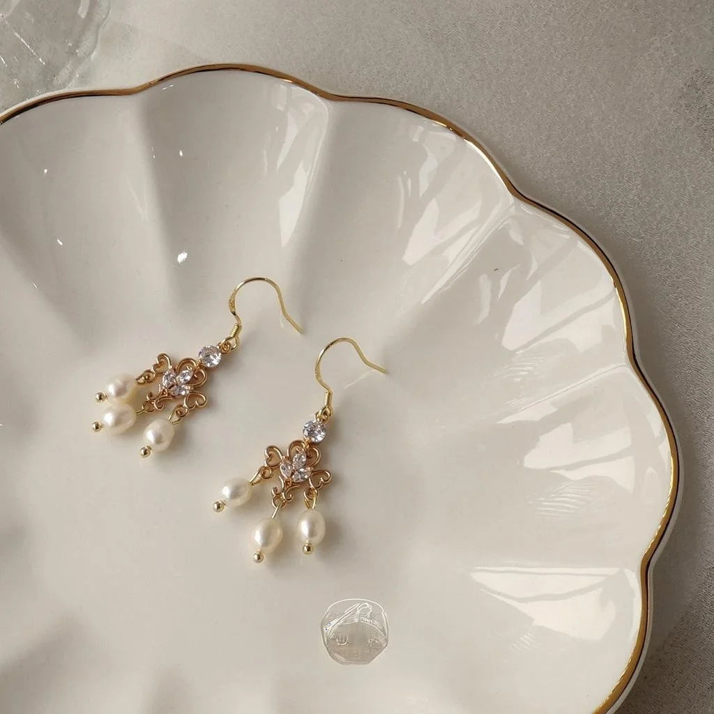 Vintage Palace Style Freshwater Pearl Drop Earrings 14K Gold Plated Copper Geometric Handmade Jewelry