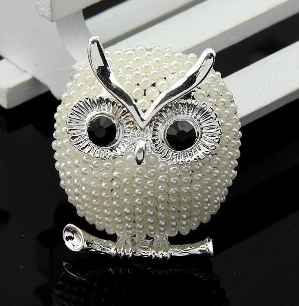 Elegant Gold Owl Brooch With Faux Pearl Beads And Black Rhinestone Eyes, Luxury Lapel Pin Corsage Gift