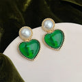 French Vintage Copper Emerald Green Resin Heart Pearl Stud Earrings For Women