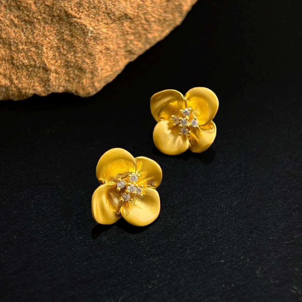 French Vintage 14K Matte Plated Copper Flower Stud Earrings With Zircon Pave