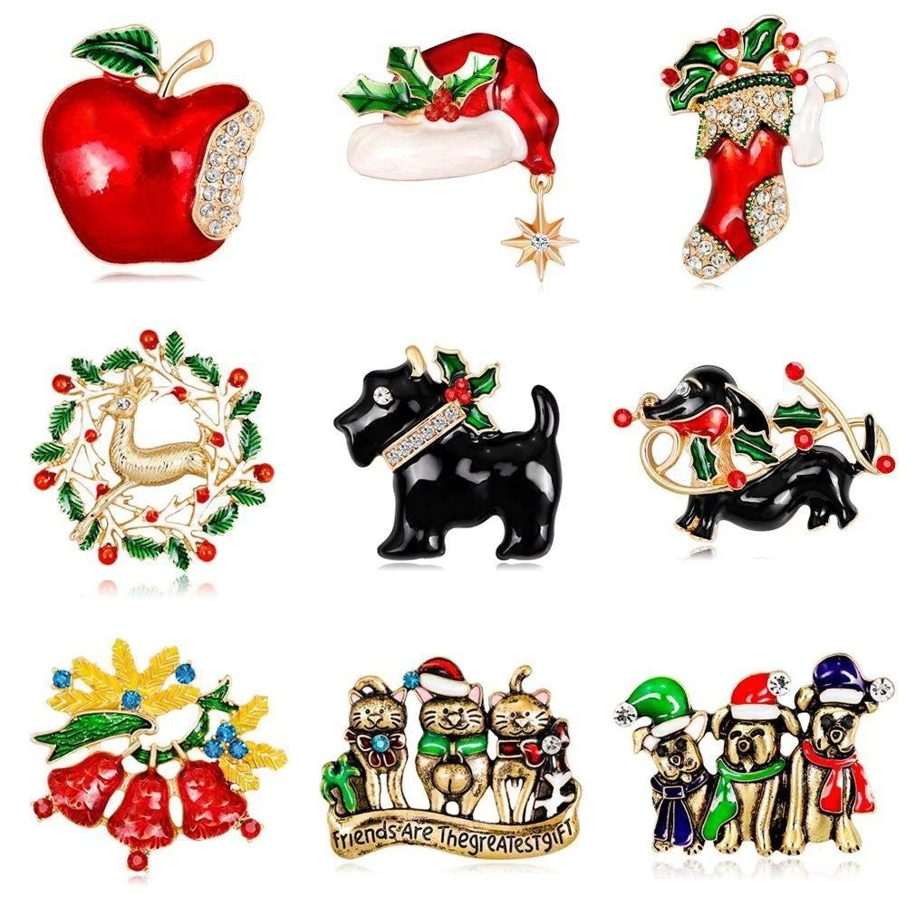 Cute Christmas Dog Santa Hat Bell Enamel Rhinestone Alloy Brooch, Festive Lapel Pin Corsage Gift