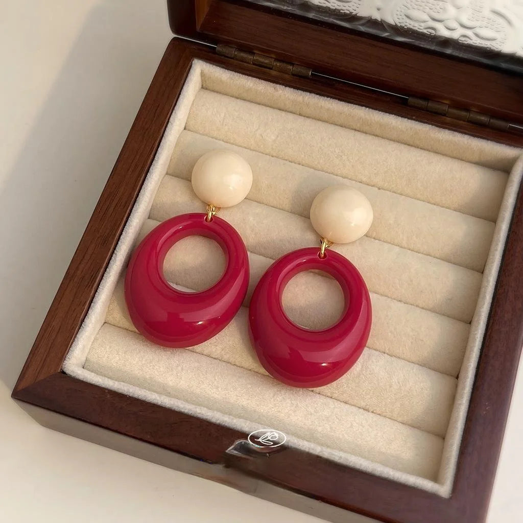 Ethnic Vintage Red Resin Round Oval Geometric Drop Earrings With Copper