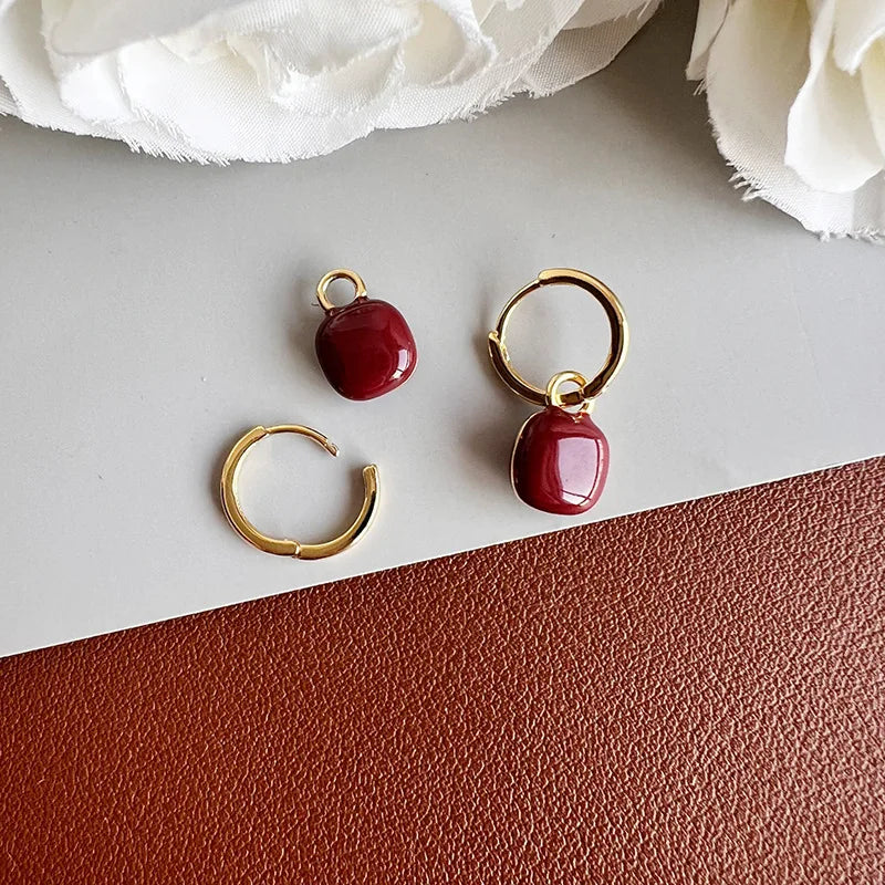 Vintage Red Enamel Square Drop Hoop Stud & Clip On No Piercing Gold Tone Alloy Spiral Disc Earrings