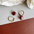 Vintage Red Enamel Square Drop Hoop Stud & Clip On No Piercing Gold Tone Alloy Spiral Disc Earrings