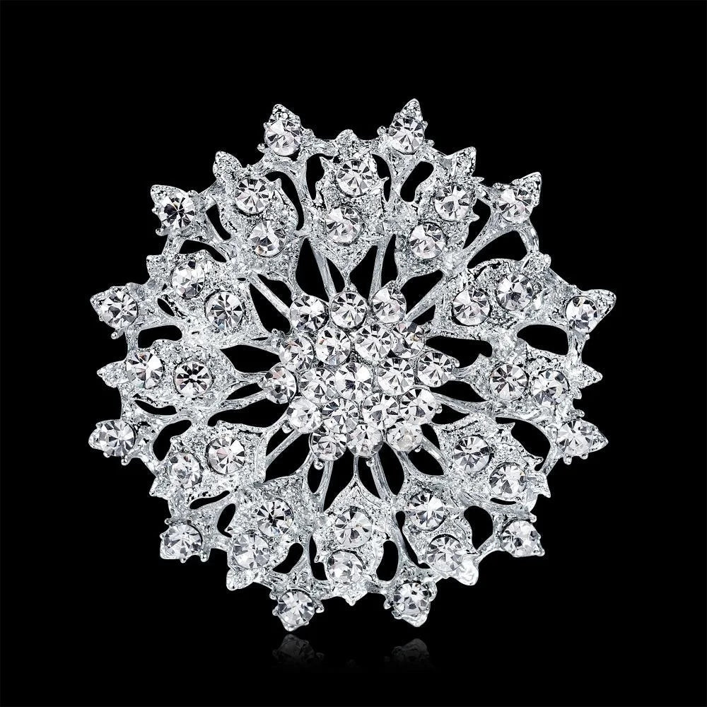 Luxury Silver-Plated Alloy Rhinestone Snowflake Flower Brooch, Elegant Lapel Pin Corsage Suit Accessory Gift