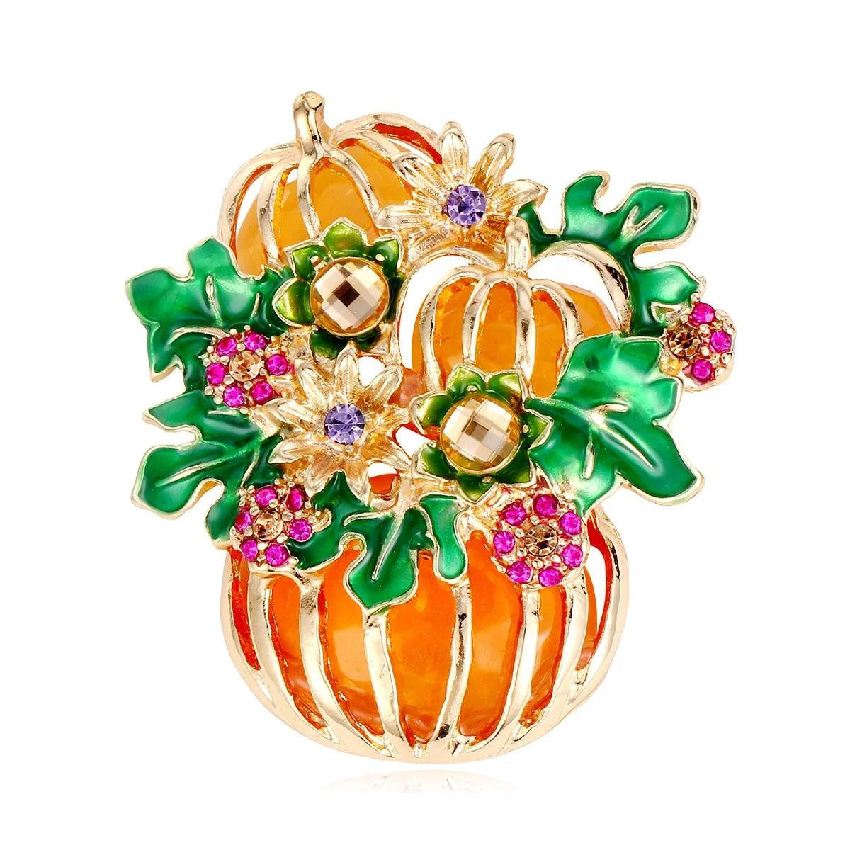 Elegant Enamel Pumpkin And Leaf Rhinestone Brooch, Gold Tone Alloy Halloween Lapel Pin Corsage Gift