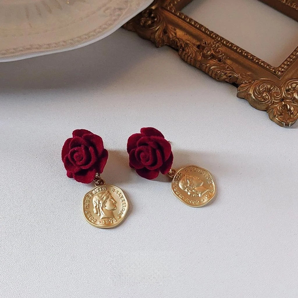 French Vintage Flocked Resin Rose Stud Earrings With 14K Silver Plated Pins Elegant Floral Jewelry
