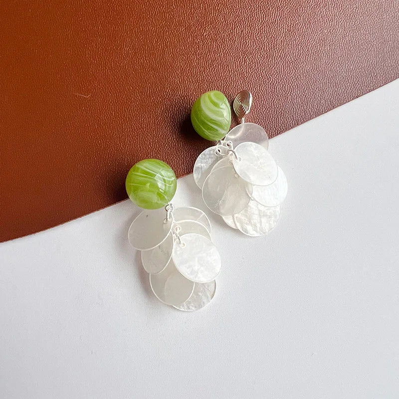 Elegant Green Shell Petal Drop Stud & Clip On No Piercing Mother Of Pearl Alloy Dangle Earrings