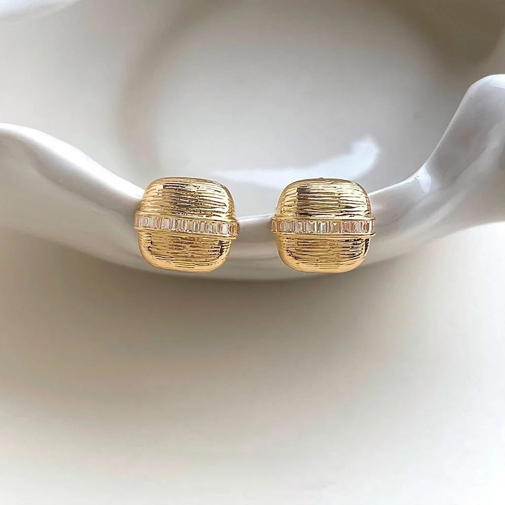 Vintage French Style Textured Square Copper Stud Earrings With Micro Pave Zircon For Women