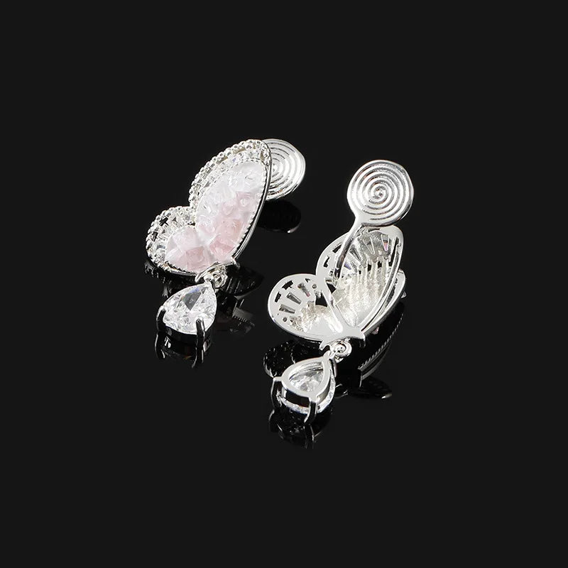 Luxury Double Layer Pink Butterfly Crystal Rhinestone Drop Stud & Clip On No Piercing Earrings
