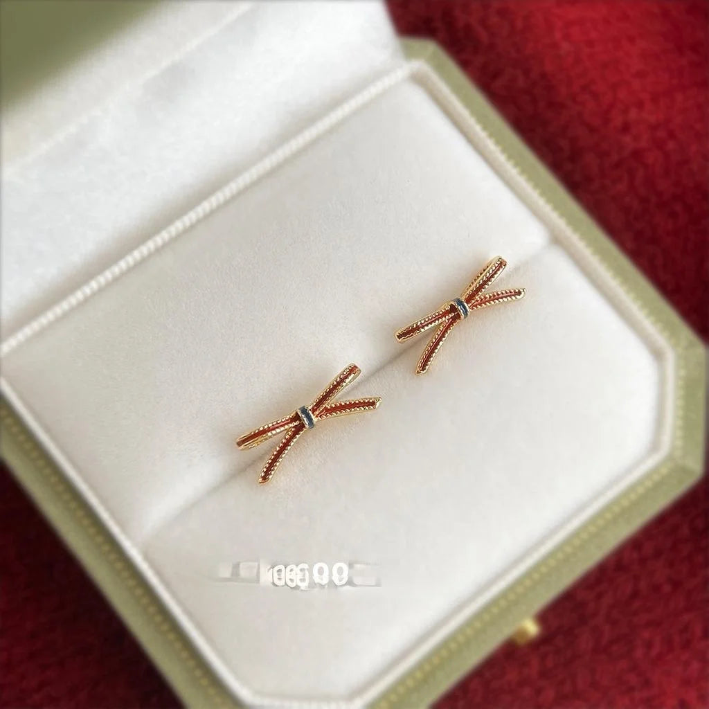 Light Luxury Burgundy Bow Stud Earrings, Copper Enamel Mini Silver Plated Pin Jewelry