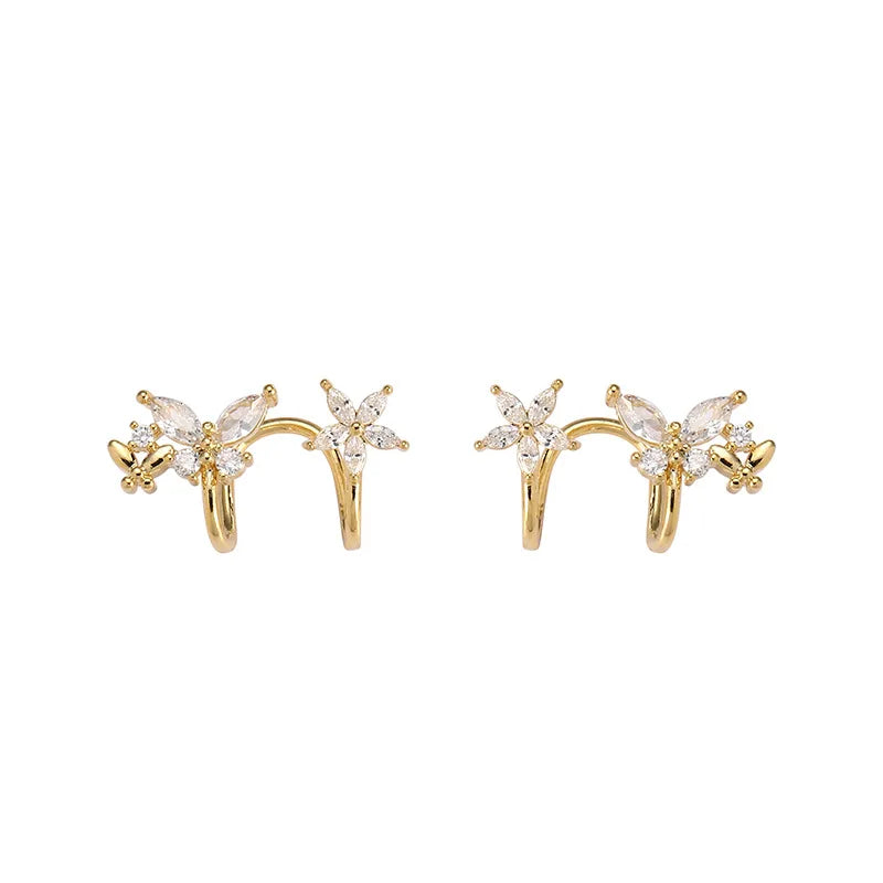Elegant Gold Alloy Micro Pave Zircon Butterfly Flower Ear Cuff Stud & Clip On No Piercing Earrings