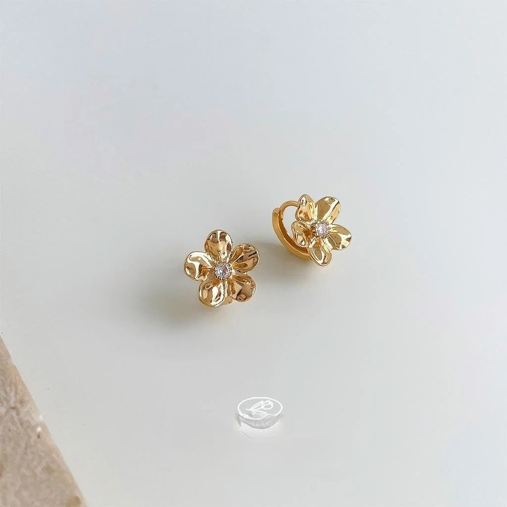 Copper Micro Pave Zircon Peach Blossom Stud Earrings Sweet 3D Flower Spring Jewelry