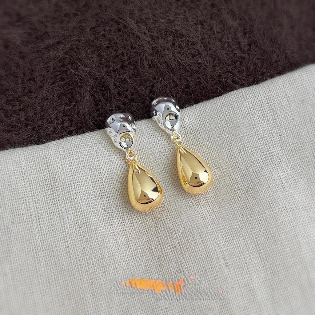 Old Money Two Tone Geometric Teardrop Drop Earrings Textured Copper