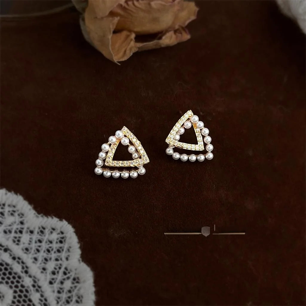 Geometric 3D Micro Pave Zircon Triangle Pearl Stud Earrings Copper