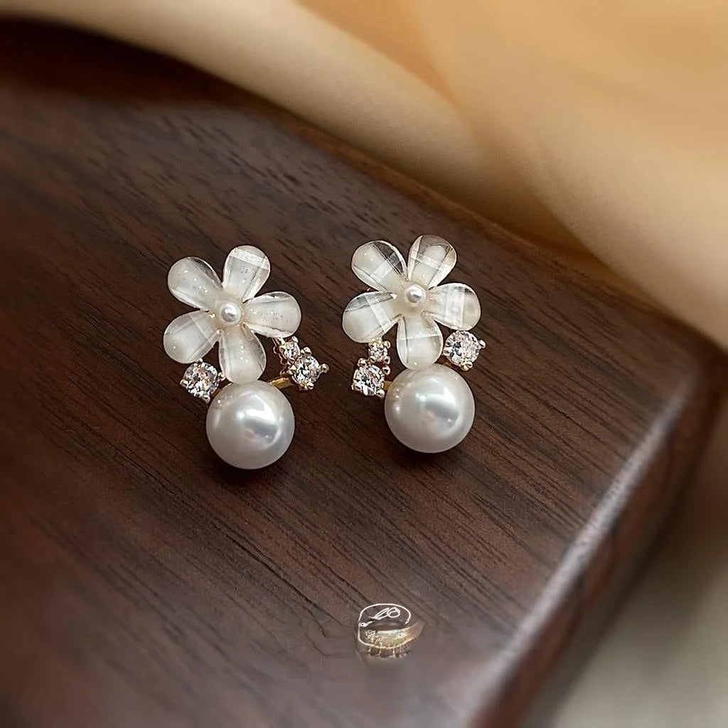 14K Gold Plated Copper Flower Stud Earrings With Micro Pave Zircon Sweet Korean Style