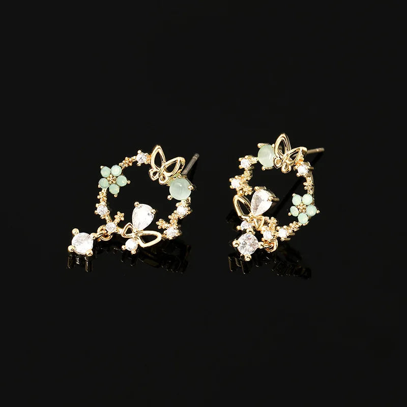 Elegant Green Floral Wreath Butterfly Zircon Alloy Stud & Clip On No Piercing Dangle Earrings