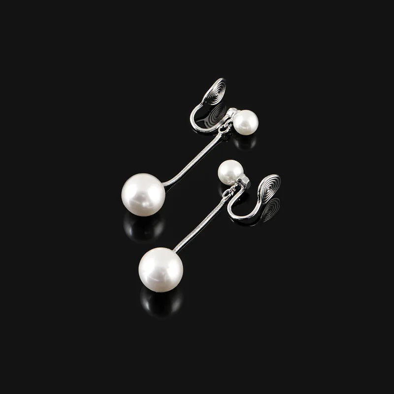 Elegant Spiral Pearl Tassel Drop Stud & Clip On No Piercing Silver Alloy Women's Fashion Earrings