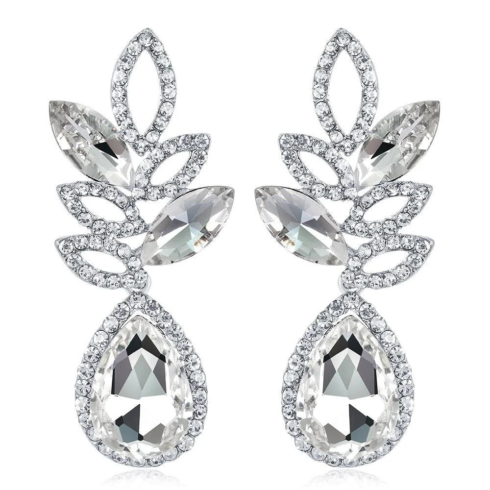 Luxury Bridal Rhinestone Crystal Leaf Teardrop Dangle Earrings For Wedding Party Banquet Gift