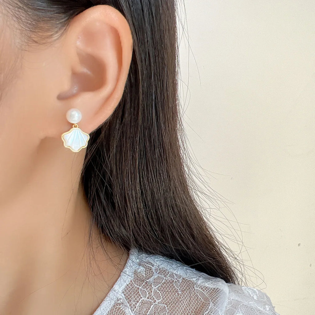 Elegant Pearl Shell Spiral Alloy Stud & Clip On No Piercing Sweet Mermaid Scallop Drop Earrings