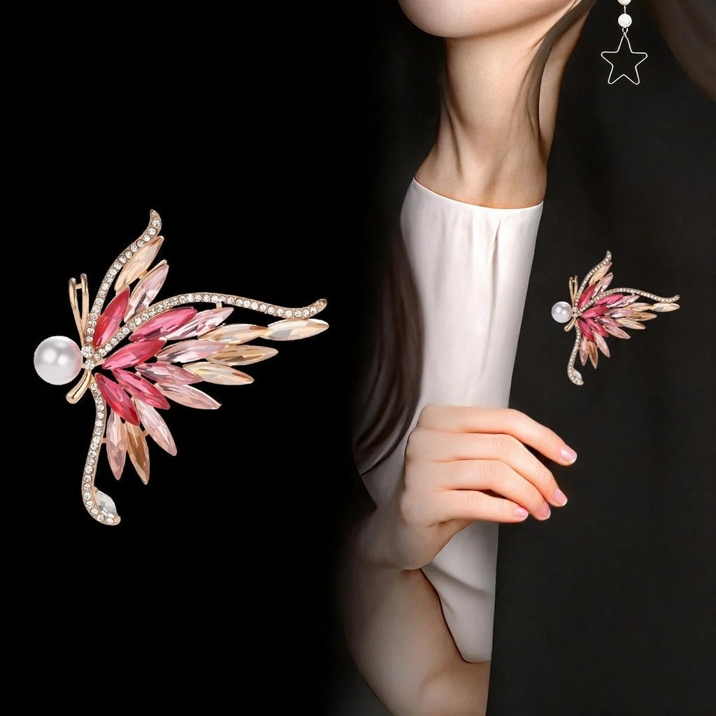 Elegant Gradient Butterfly Rhinestone And Pearl Brooch, Rose Gold Alloy Lapel Pin Corsage Gift For Women