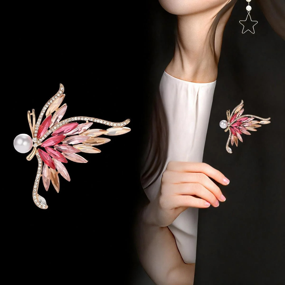 Elegant Gradient Butterfly Rhinestone And Pearl Brooch, Rose Gold Alloy Lapel Pin Corsage Gift For Women