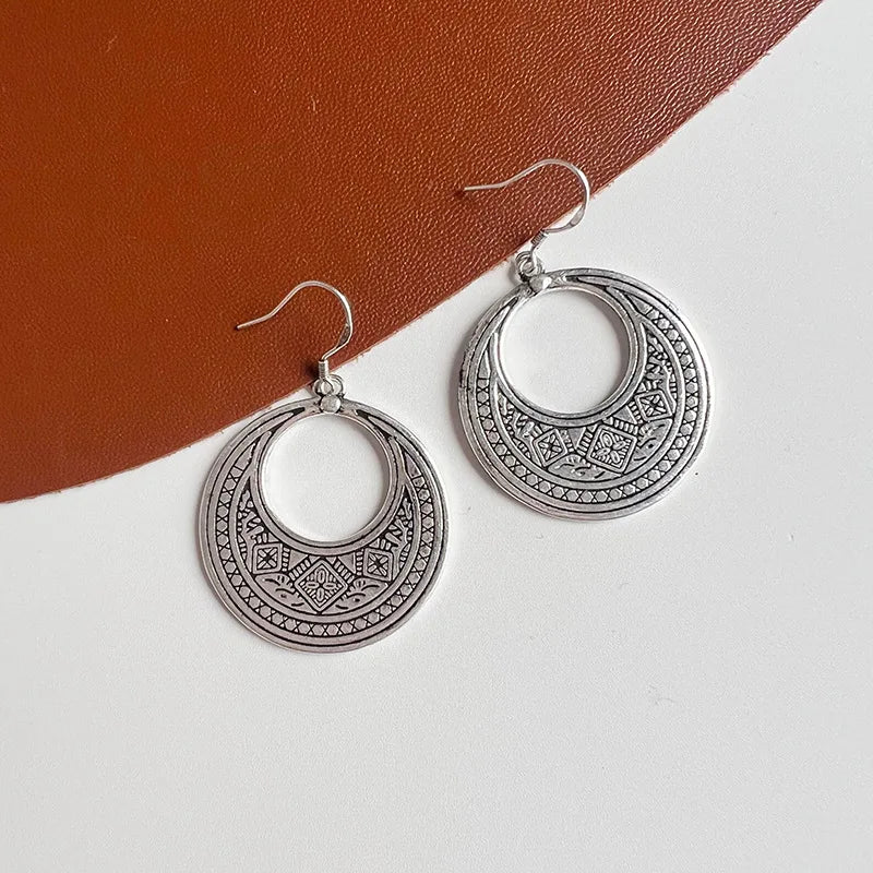 Vintage Ethnic Silver Alloy Hollow Crescent Hoop Drop Stud & Clip On No Piercing Statement Earrings