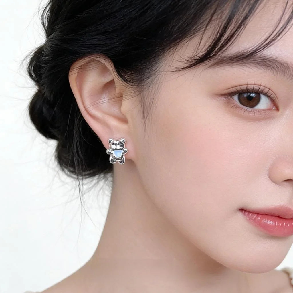 Cute Asymmetric Bear Bow Copper Enamel Stud Earrings