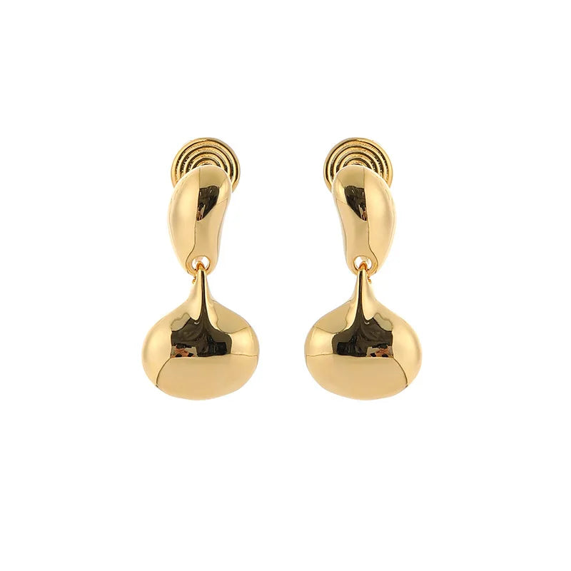 Elegant Gold Alloy Smooth Bean Drop Pendant Stud & Clip On No Piercing Minimalist Dangle Earrings