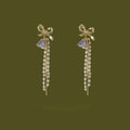 Forest Style Handmade Copper Bow Pearl Tassel Stud Earrings With Silver Plated Pins