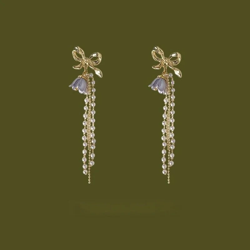 Forest Style Handmade Copper Bow Pearl Tassel Stud Earrings With Silver Plated Pins