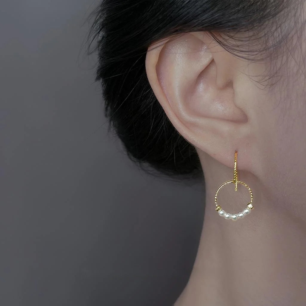 Minimalist Copper Round Geometric Hollow Pearl Drop Earrings, Handmade Elegant Jewelry