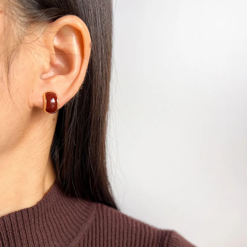 Elegant Red Enamel Geometric Rectangle Alloy Stud & Clip On No Piercing Minimalist Earrings
