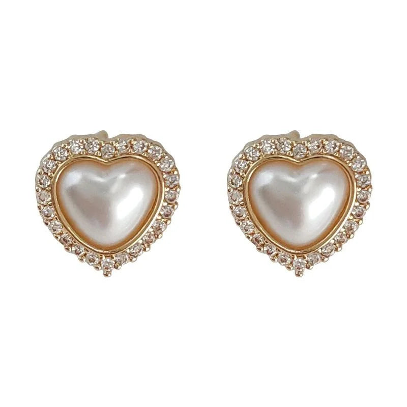French Hepburn Style Micro Pave Zircon Heart Stud Earrings Copper Light Luxury Jewelry